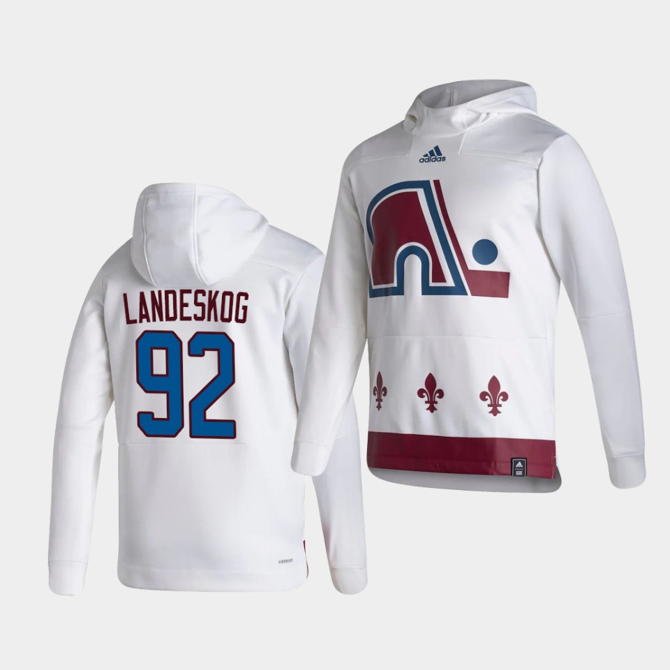 Men Colorado Avalanche #92 Landeskog White NHL 2021 Adidas Pullover Hoodie Jersey